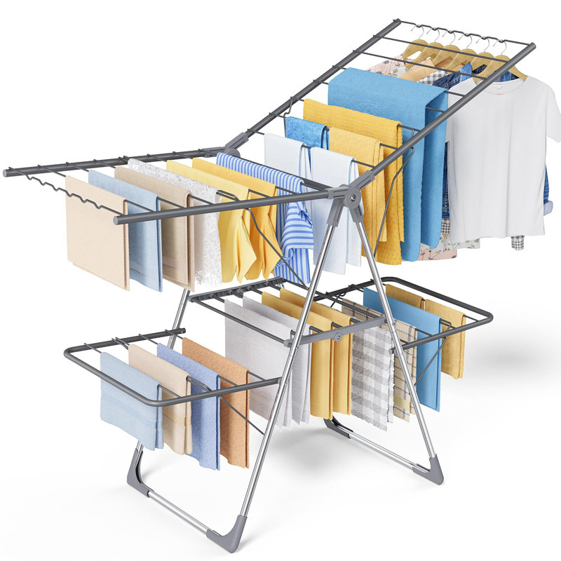 Clothes Drying Rack, Foldable 2-Level Laundry Drying Rack With Height-Adjustable Wings, Free-Standing Space-Saving Rack, Indoor & Outdoor, (Grey)