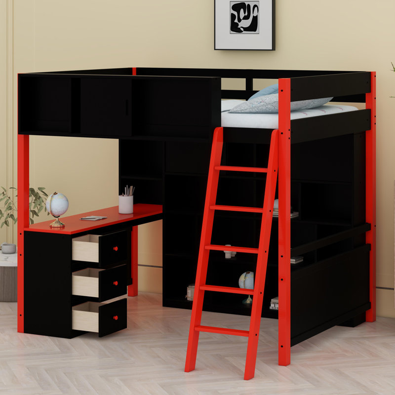 Lit mezzanine en bois avec bureau, Bleu