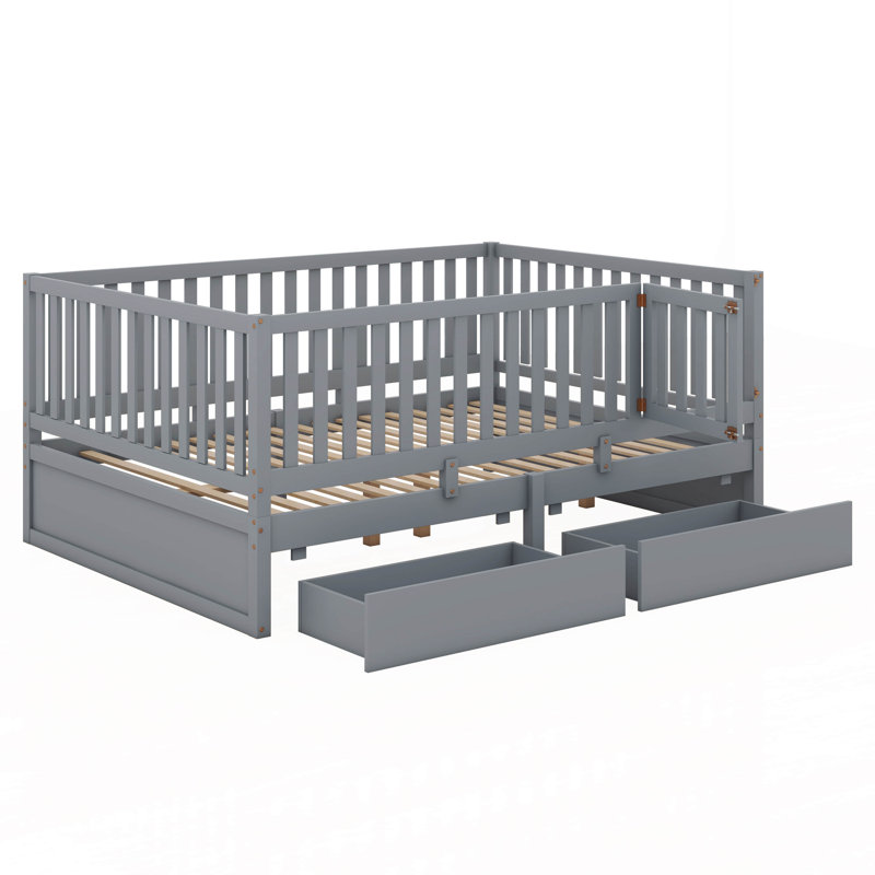 Joshau Wood Daybed with Fence Guardrails and 2 Drawers, Gray
