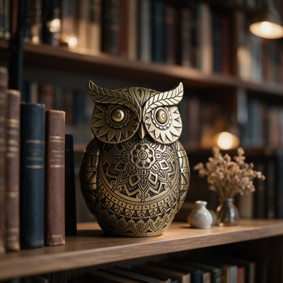 Golden Owl Statue for Home Decor, Vintage Resin Owl Figurine with Antique Finish, Bookshelf Desk Shelf Ornament, 5.51 Inch
