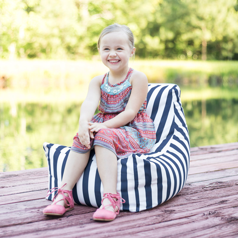 Juniper Jr Outdoor Kids Bean Bag Chair/ Childrens Garden Chair, Navy Striped Sunbrella