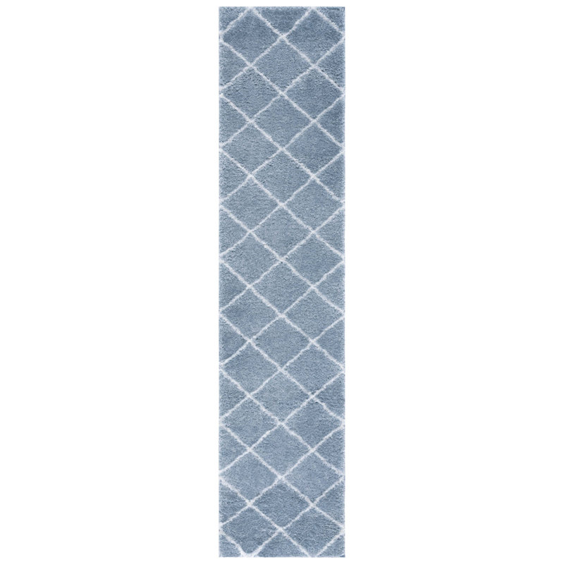 Geometric Blue/White Area Rug, Runner 2' x 9'