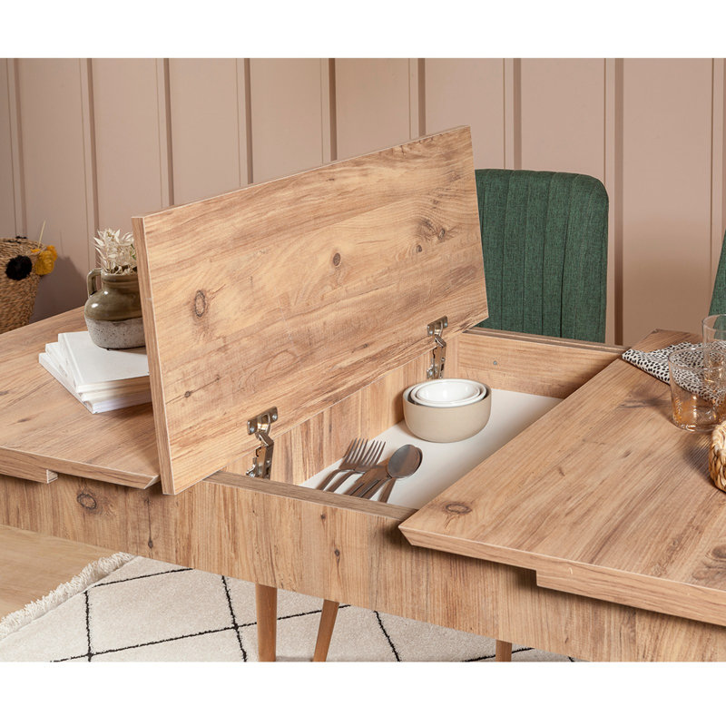 Extendable Dining Table & Chairs Set (5 Pieces), Atlantic Pine & Green, Table: 50.8 x 29.5 x 31.5 in, Chairs: 18.5 x 35.4 x 17.7 in, Bench: 43.3 x 19.7 x 15.7 in | 100% Melamine Coated Particle Board | Modern Scandinavian Design, 100% Linen Upholstery