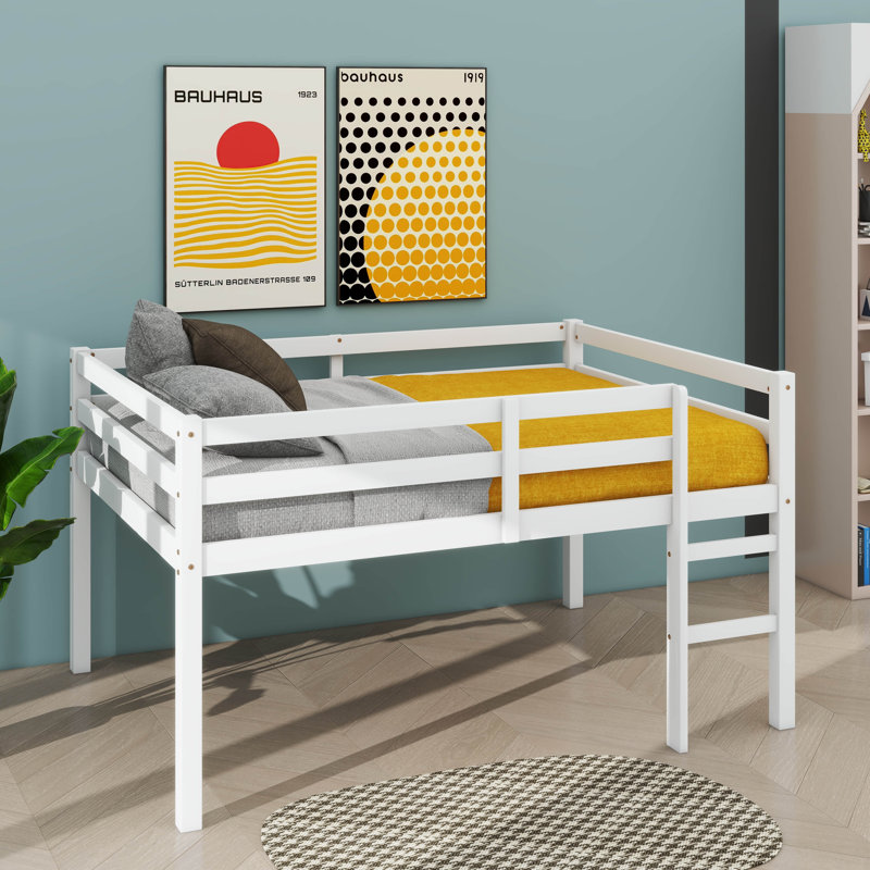 Full-Sized Bed Frame, Short Rubberwood  Loft Bed With Steps, White