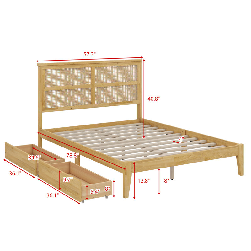 Bed Frame Forged From Rubber Wood, Incorporating Two Integrated Storage Drawers, Full, White Oak