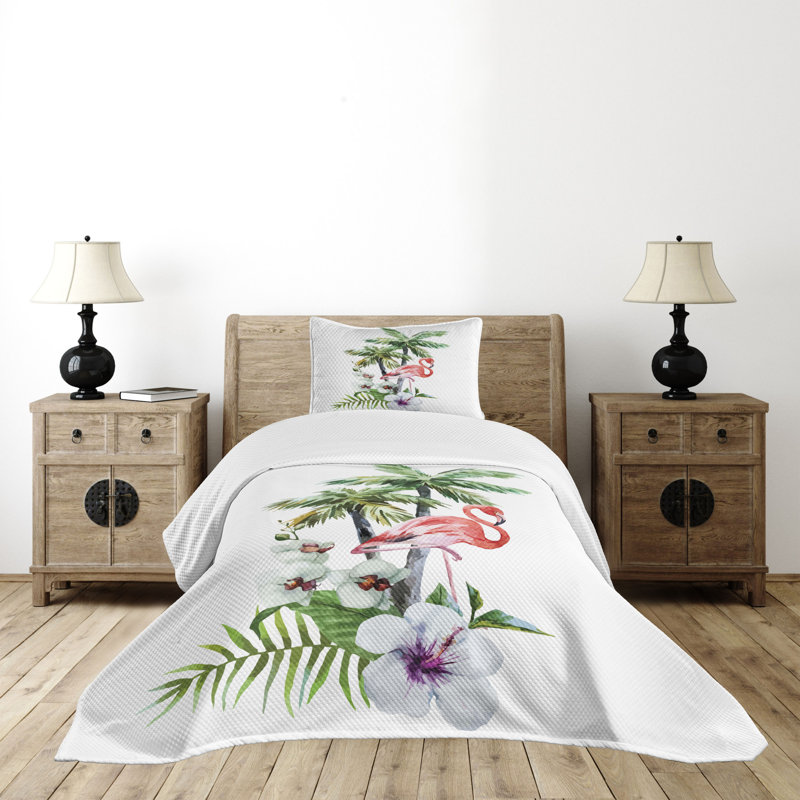 White Twin Flamingo Quilted Bedspread Set with Pillow Sham