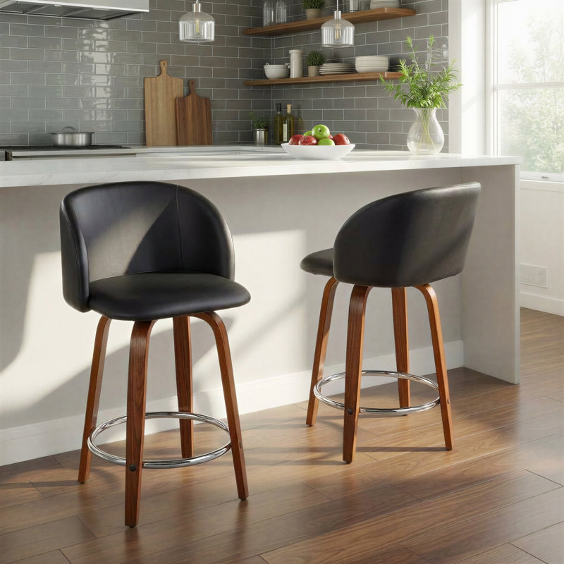 Terrance Fixed-Height Bar & Counter Stools With Bent Wood Legs & Round Footrest, Counter Stool (24” Seat Height)”