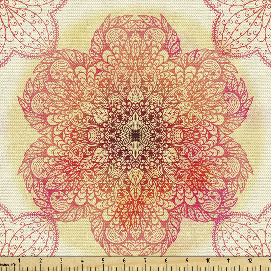 fab_36113_Ambesonne Mandala Fabric By The Yard, Hand Drawn Bloom Swirled Petals Oriental Retro Illustration, Decorative Fabric For Upholstery And Home Accents, Burgundy Yellow Pink East Urban Home 
