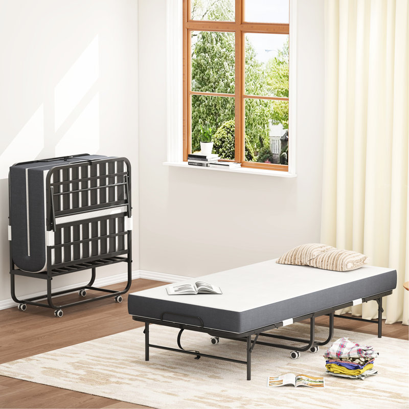 Lit simple extra long de 75 pouces pour les personnes de grande taille, matelas en mousse à mémoire de forme de 5 po, structure en métal robuste de 450 lb, facile à rouler et à plier, solution pour chambre à coucher compacte pliable et portative de 75 po de taille 75 po, outil rapide