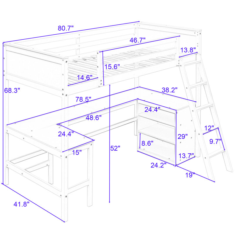 Wood Loft Bed With Desk And Shelves, Twin, Espresso