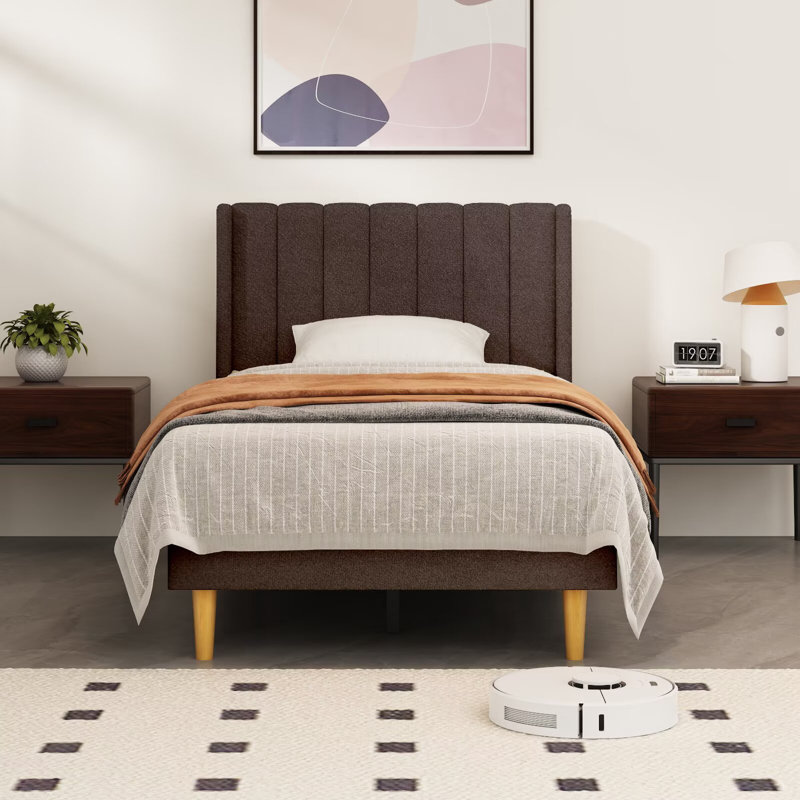 Base de lit tapissier avec tête de lit à oreilles Deeb, Simple, Velours brun