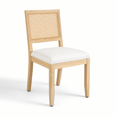 Ensemble de deux chaises de salle à manger en rotin naturel tissé avec sièges rembourrés en lin et structure en bois massif
