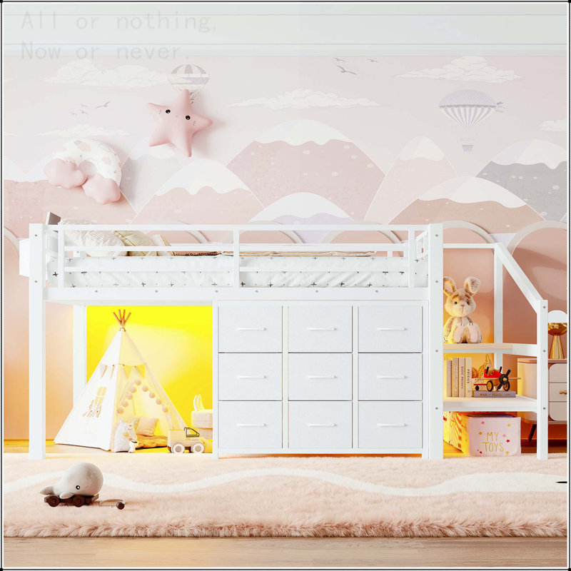 Twin Low Loft Bed with Multi-Storage System and Integrated Lights, Light White