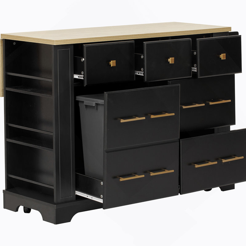 Versatile Rolling Kitchen Island With 6 Drawers, Pull-Out Trash Can Compartment, Drop-Leaf Countertop, Built-In Power Outlet, And 5 Hidden Lockable Wheels For Flexible Cooking And Storage.