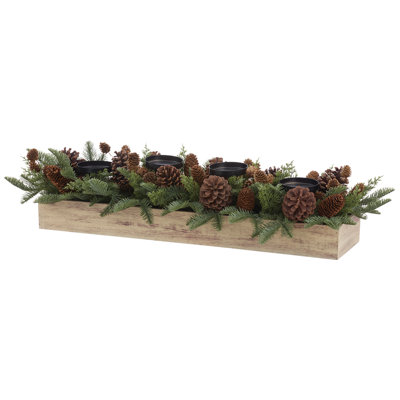 8"H x 36"L Faux Pine Cone and Pine Centerpiece with Four Candleholders in Wood Container