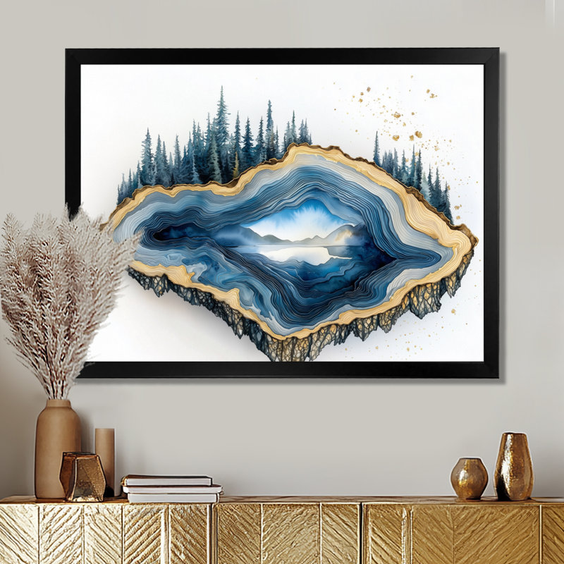 «Forest Geode and Wood Slide Spiral» - art mural cristaux, Noir, H 24 po x l 32 po, Cadre flottant