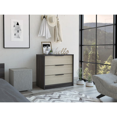 Commode 3 tiroirs avec plateau supérieur noir et finition pin | Idée de cadeau