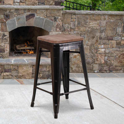 Tabouret de bar en métal sans dossier de 30 po de hauteur avec siège carré en bois Margherite