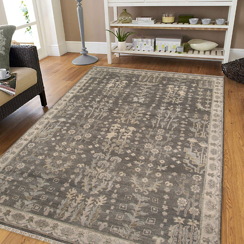 Tapis gris en laine noué à la main Butner, Rectangle de 10 pi x 14 pi