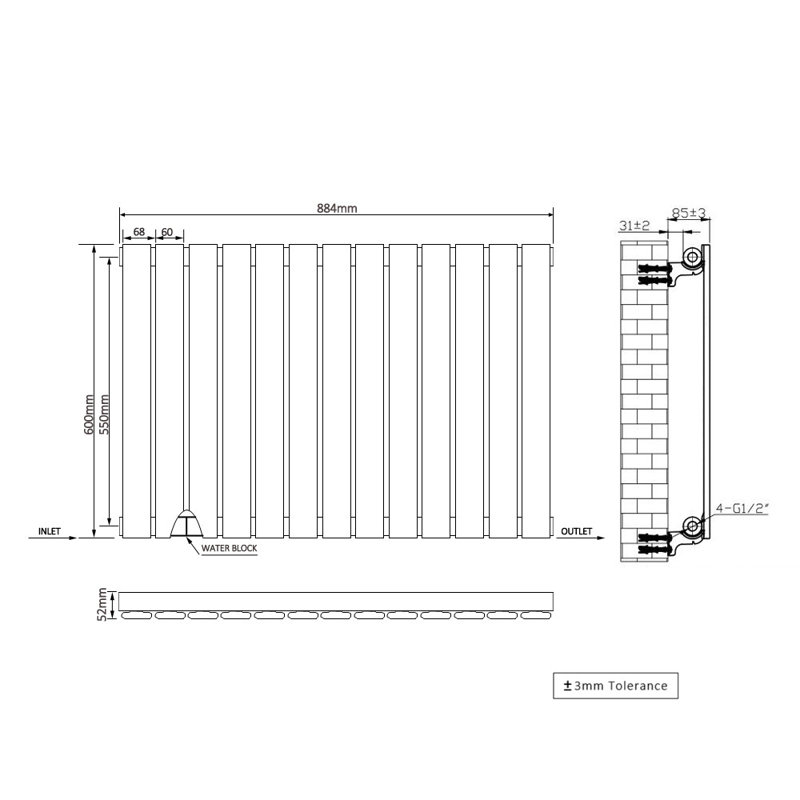 Adah Horizontal Single Flat Panel Radiator, White, 600mm H x 884mm W x 52mm D, 1