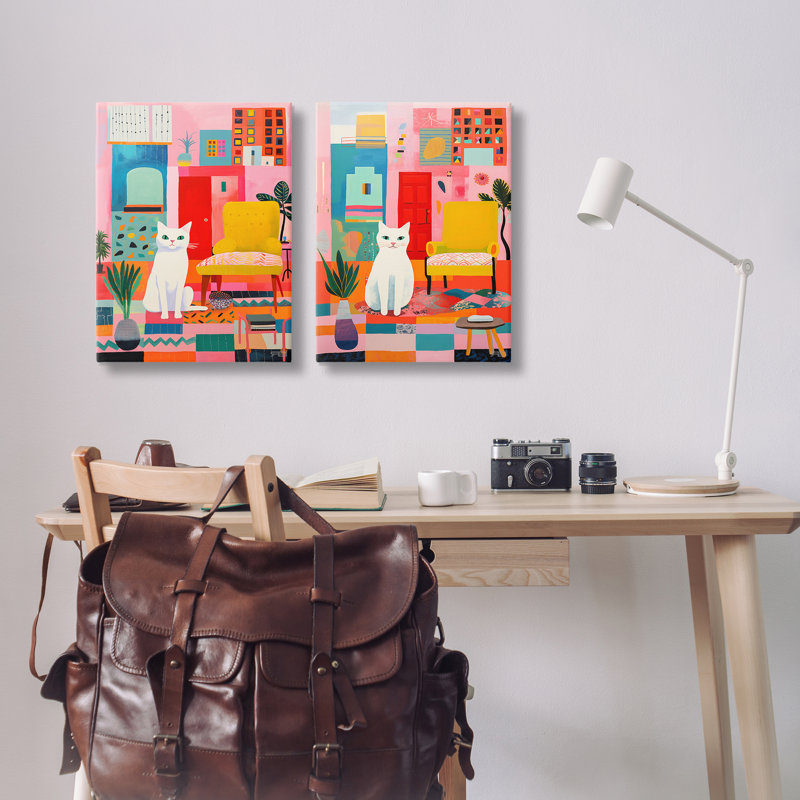 «Bright Room Sitting Cat», ensemble de 2 toiles murales par Roozbeh Bahramali, H 48 po x l 32 po