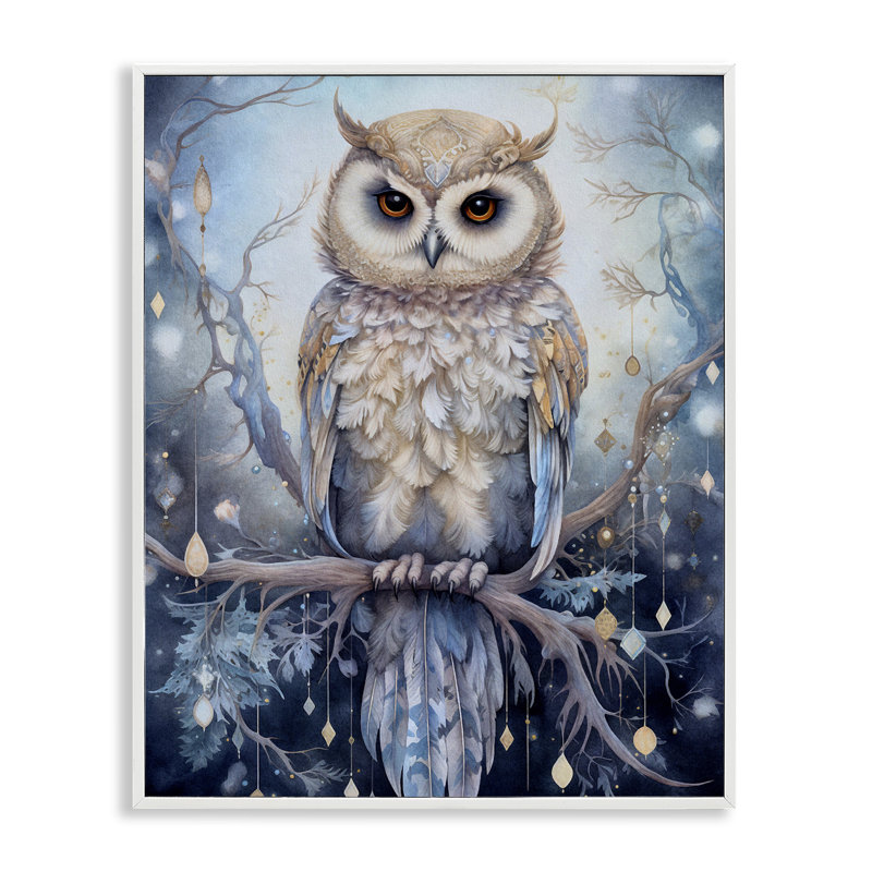 Chouette sur une branche scintillante, impression sur toile, Giclée encadrée blanc bord de mer, H 30 po x l 24 po x P 1,5 po