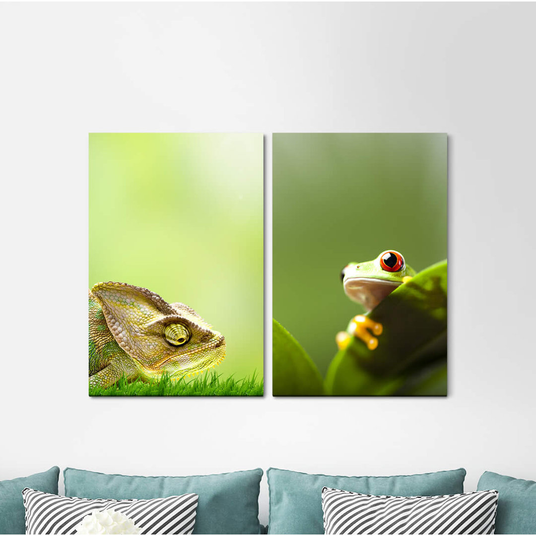 2-tlg. Leinwandbilder-Set - Grafikdruck „Chameleon Frog Jungle Grass Green Leaf Nature”