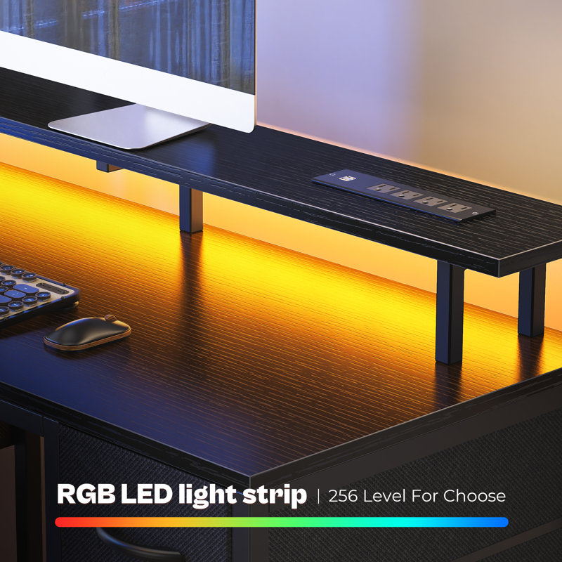 Neesha Desk with LED Lights, Computer Desk with Storage, Corner Desk with Drawers, Home Office Desk with Shelves, Writing Desk with 4 File Drawers, Gaming Desk with Power Outlets, Study Desk