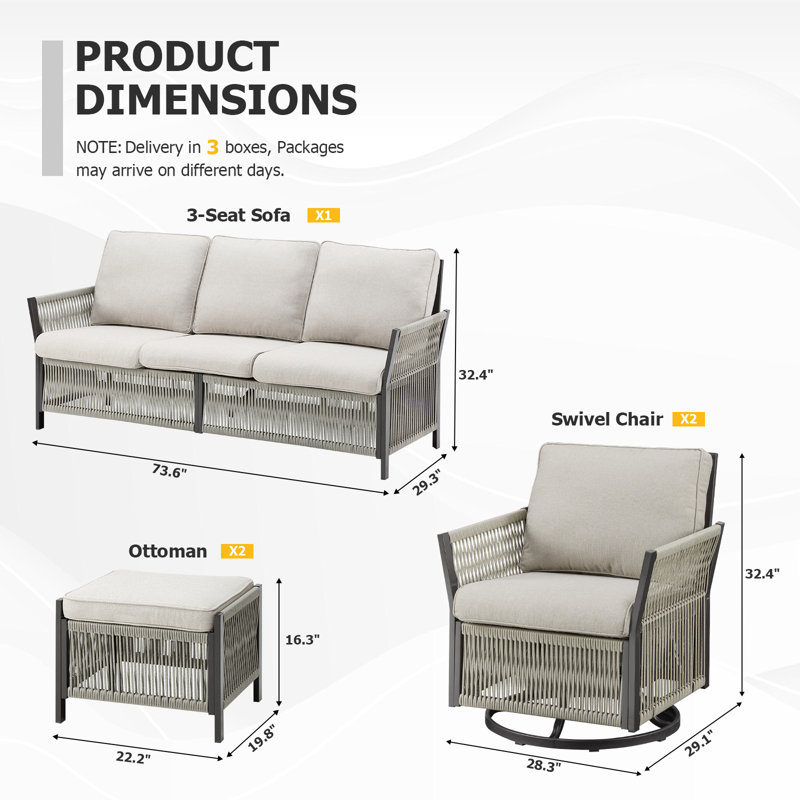 5-Piece Outdoor Patio Set – Includes Sofa, 2 Swivel Chairs, And 2 Ottomans – UV-Resistant Resin Wicker With Powder-Coated Steel Frame