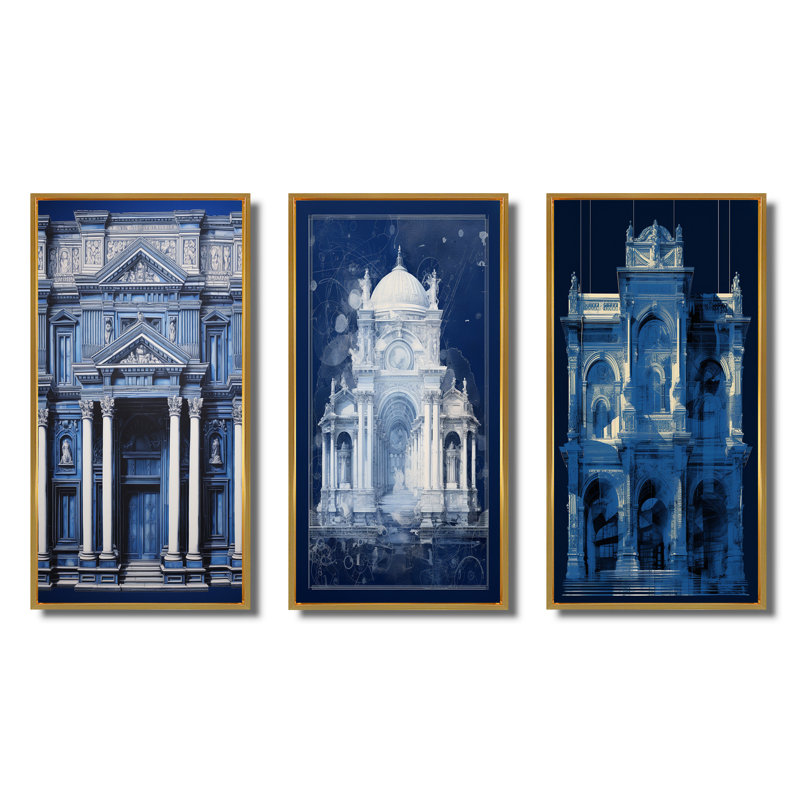 «Blueprint Of London Architecture», 3 pièces sur toile, Encadrement doré, H 32 po x l 48 po
