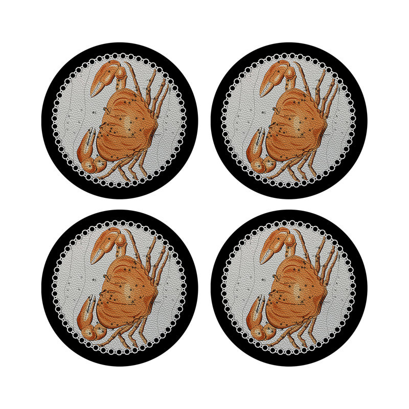 Zodiac Cancer White Vegan Leather Round Coasters, Black