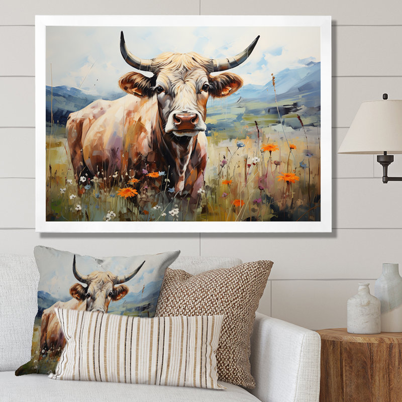 Vache dans des champs pastel - impressions encadrées de vache, Cadre blanc, H 30 po x l 40 po x P 1,5 po