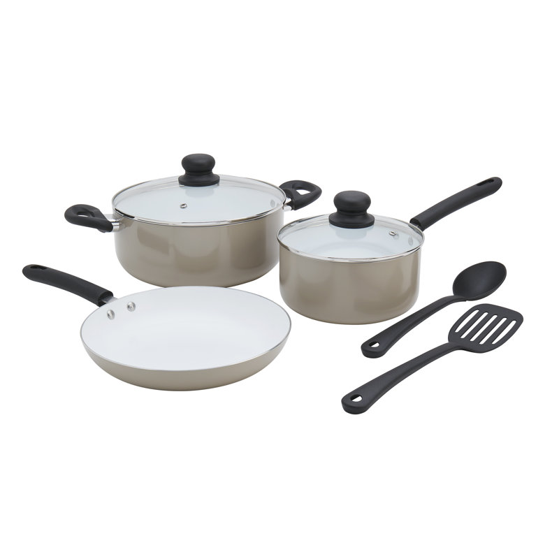 Basic Essentials 7-Piece Nonstick Aluminum Cookware Set with Lids and Cooking Utensils, Stonegray, Gray