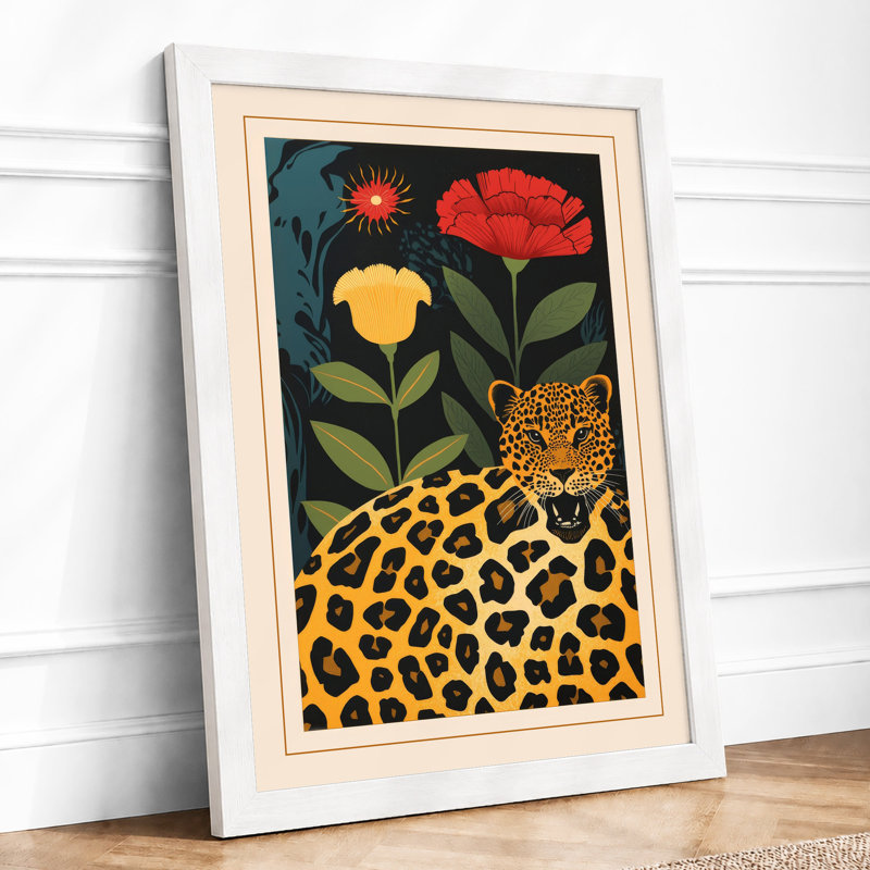 Leopard And Blooms Art Deco - Print, A3 - 42.0 x 29.7 cm, White