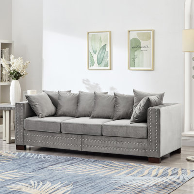 Velours gris moderne à 3 places, carré avec clous argentés, structure en bois massif, siège à ressorts ensachés, housse amovible, rangement en dessous, couleur des accoudoirs, coussin confortable, housse et