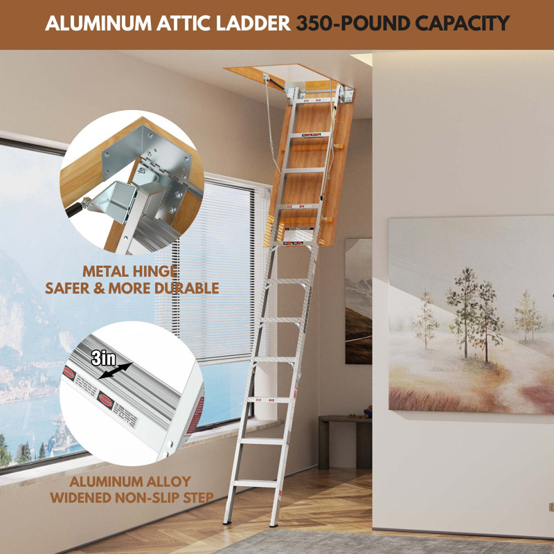 Échelle de grenier en aluminium 22 1/2 po x 54 po ouverture 7 à 10 pi au plafond, capacité de 350 livres gris métallique + alliage d'aluminium