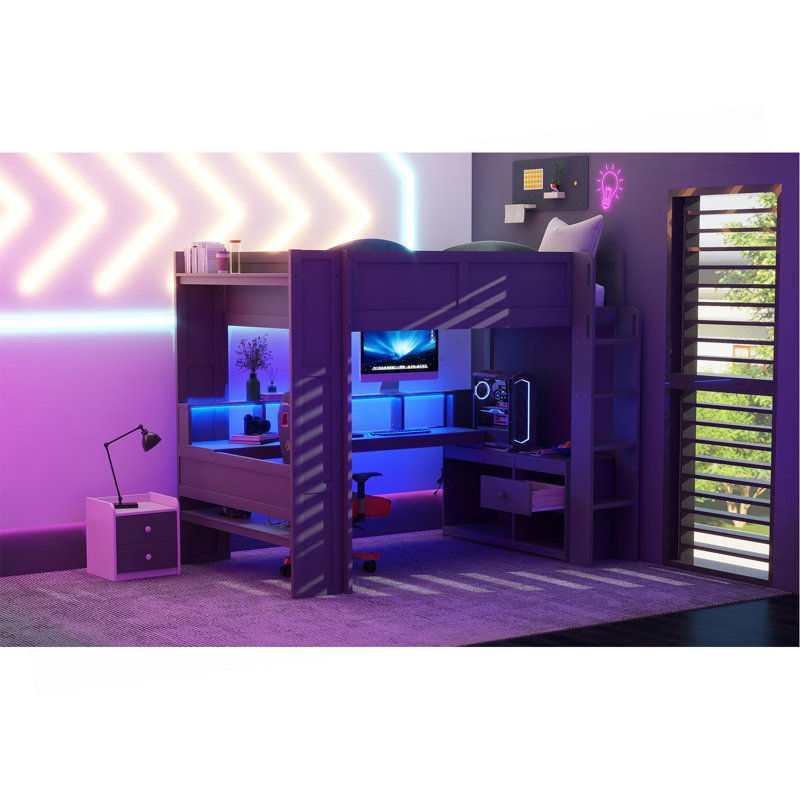 Lit mezzanine en bois pleine grandeur avec bureau, tablettes multiples, DEL et station de charge, gris foncé, Double