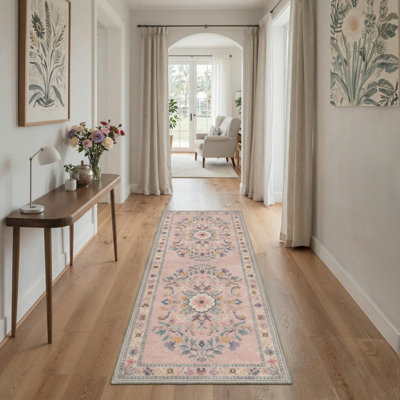 Harwyn Floral Machine Washable Pink/Blue/Yellow Indoor Area Rug with Non-Slip Backing