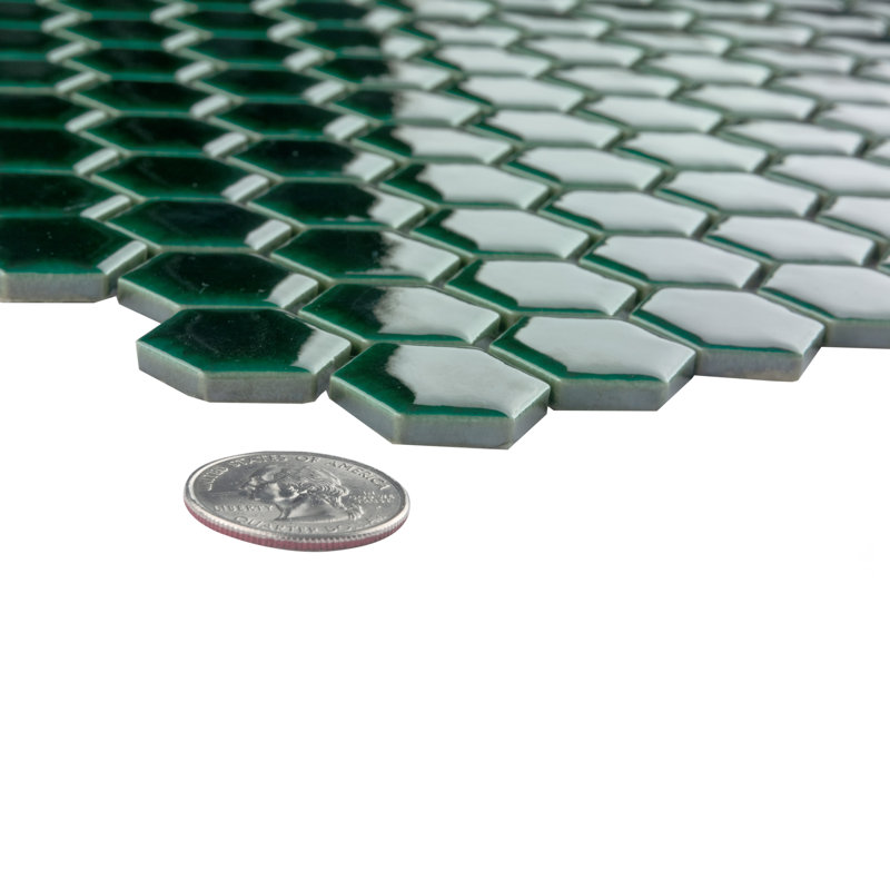 Metro 0.91" x 1.02" Porcelain Honeycomb Mosaic Wall Tile, Emerald
