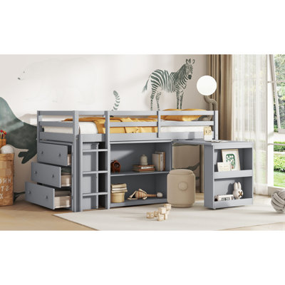 Grey Twin Loft Bed With Versatile Storage And Educational Combos Secure Sleeping Area - Drawer, Shelf,