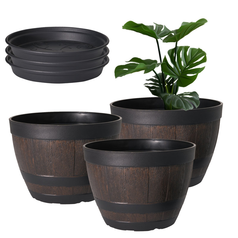 Paquet de 3 pots de plantes de 9 pouces avec trous de drainage et soucoupe Genard, pots de fleurs avec plateau, ensemble de 3 jardinières en plastique pour baril de whisky d'intérieur et d'extérieur