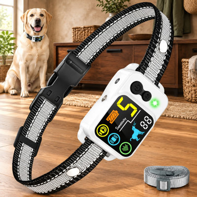 Suitable for small, medium, and large dogs, this grey citronella bark collar provides 5 training modes and adjustable levels using beep, vibration, or spray; the IP66 waterproof set includes 2 straps but no spray refill.