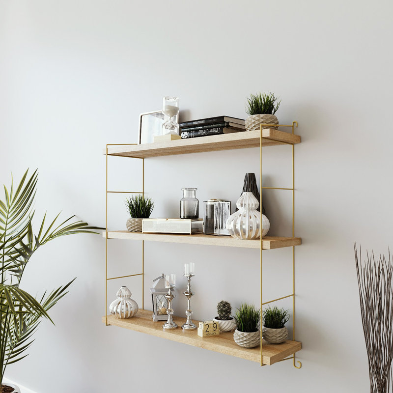 Tablette murale élégante avec finition dorée et chêne Colesen, 23,6 po x 23,6 po x 7,1 po | Panneau de particules 100% mélaminé et pieds en métal thermolaqué électrostatique | Solution de rangement élégante pour les salons et les bureaux modernes