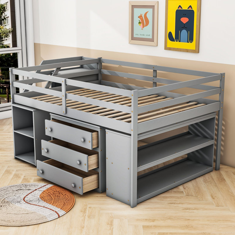 Alzata 3 Drawer Slat Loft Bed with Built-in-Desk by Isabelle & Max™, Full, Gray