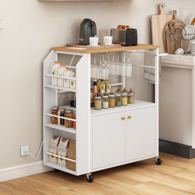 Mobile Rolling Portable Serving Utility Kitchen Island Cart With Power  Outlet And Open Shelves, For Kitchen, Dining Room Oak/White