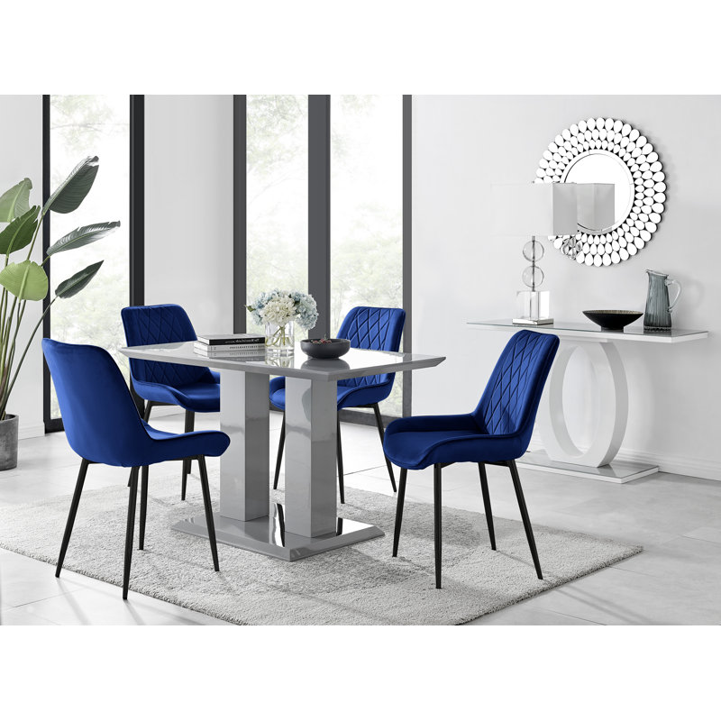 Eubanks High Gloss Double Pillar Dining Table Set with 4 Luxury Velvet Upholstered Dining Chairs, Gray, Gray, Navy/Black