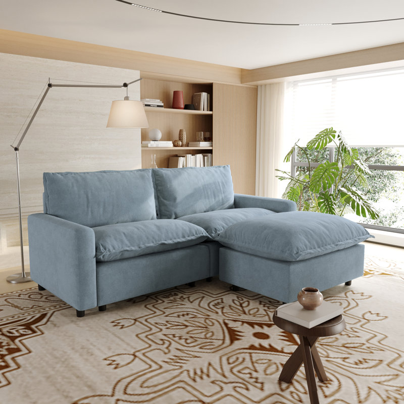 3-Piece Upholstered Modular Linen Fabric Sectional Sofa With Ottoman For Small Spaces, Blue