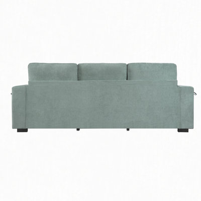 Canapé d'angle 3 places en chenille de 239 cm avec pouf de rangement, port USB et porte-gobelets de salon, bleu-vert