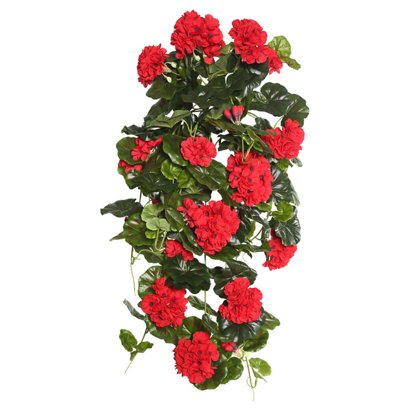 Red Polyester Geranium Hanging Bush with Green Leaves