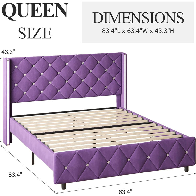 Upholstered Bed Frame With Diamond Tufted Headboard, Modern Wingback, No Box Spring Needed, Purple, Queen